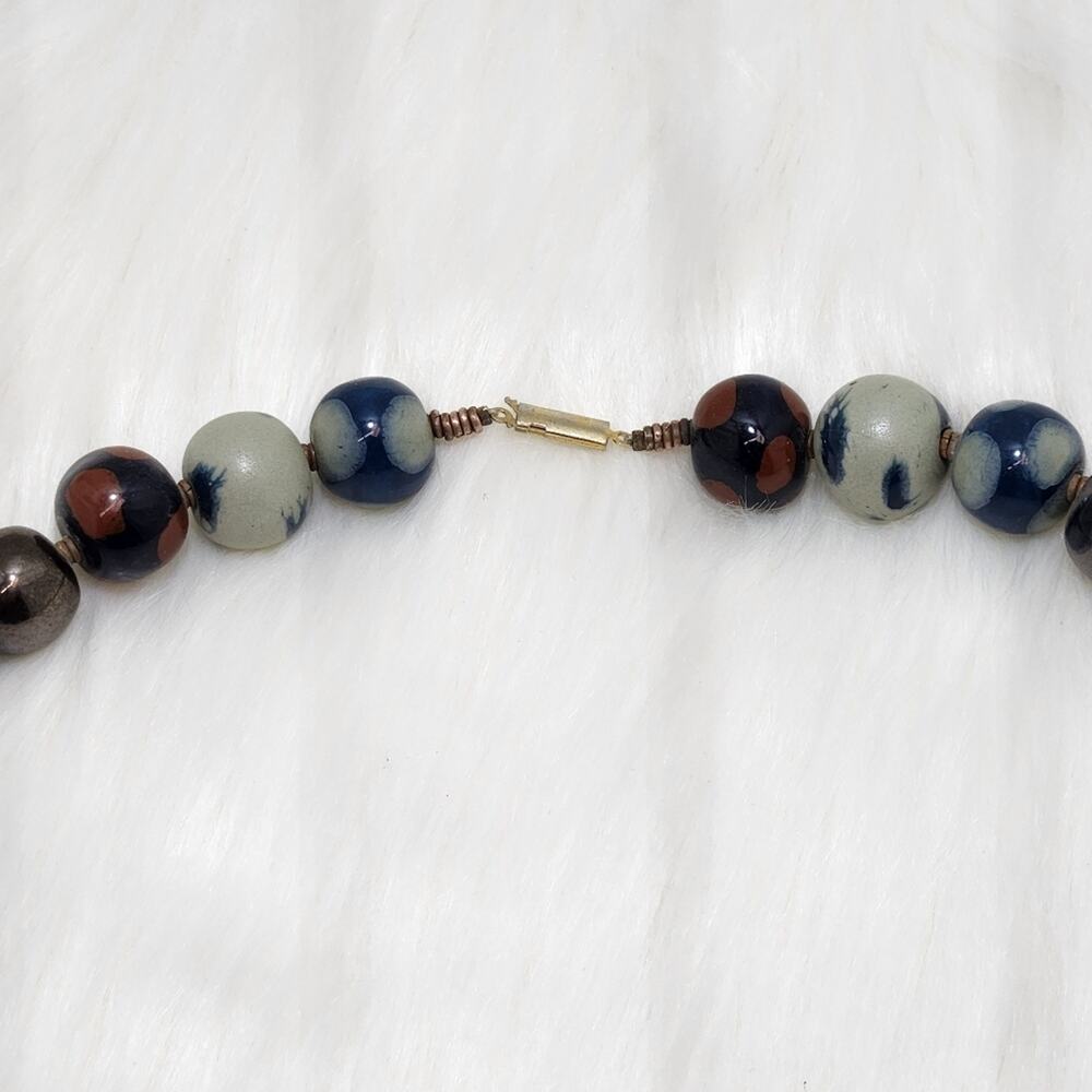 Blue & Gray Ceramic Beaded Necklace | Handmade Vintage Jewelry - Picture 5 of 6